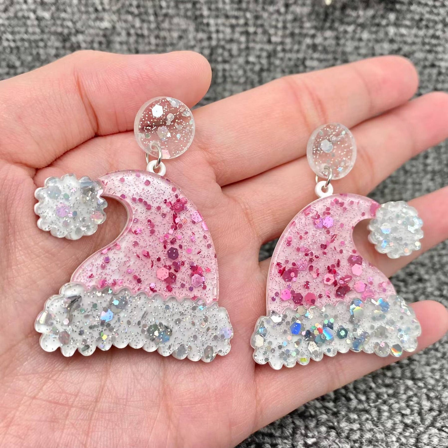 Sparkling Pink Christmas Hat Dangle Earrings