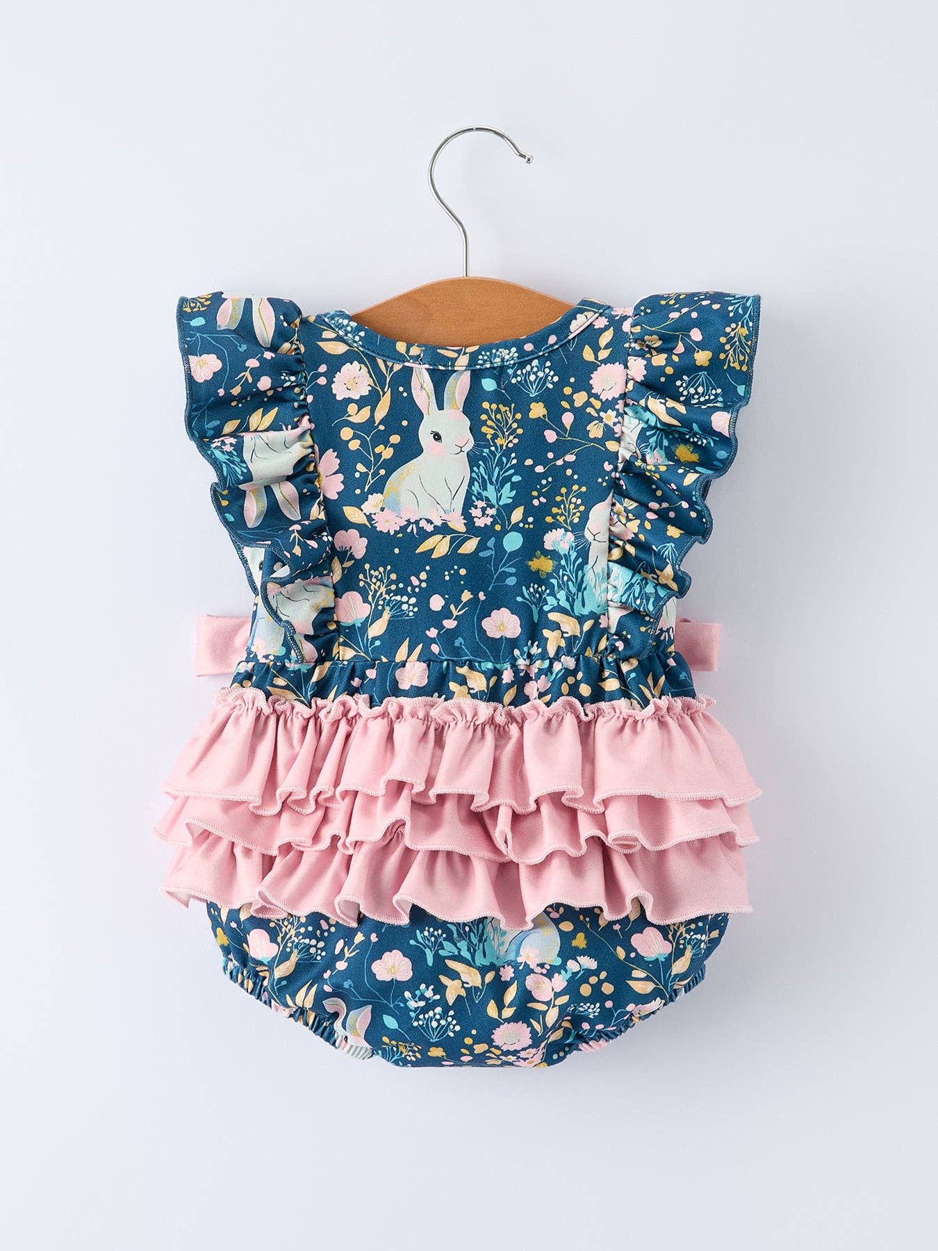 Teal Easter Bunny Garden Ruffle Sleeve Baby Girls Romper: 18M
