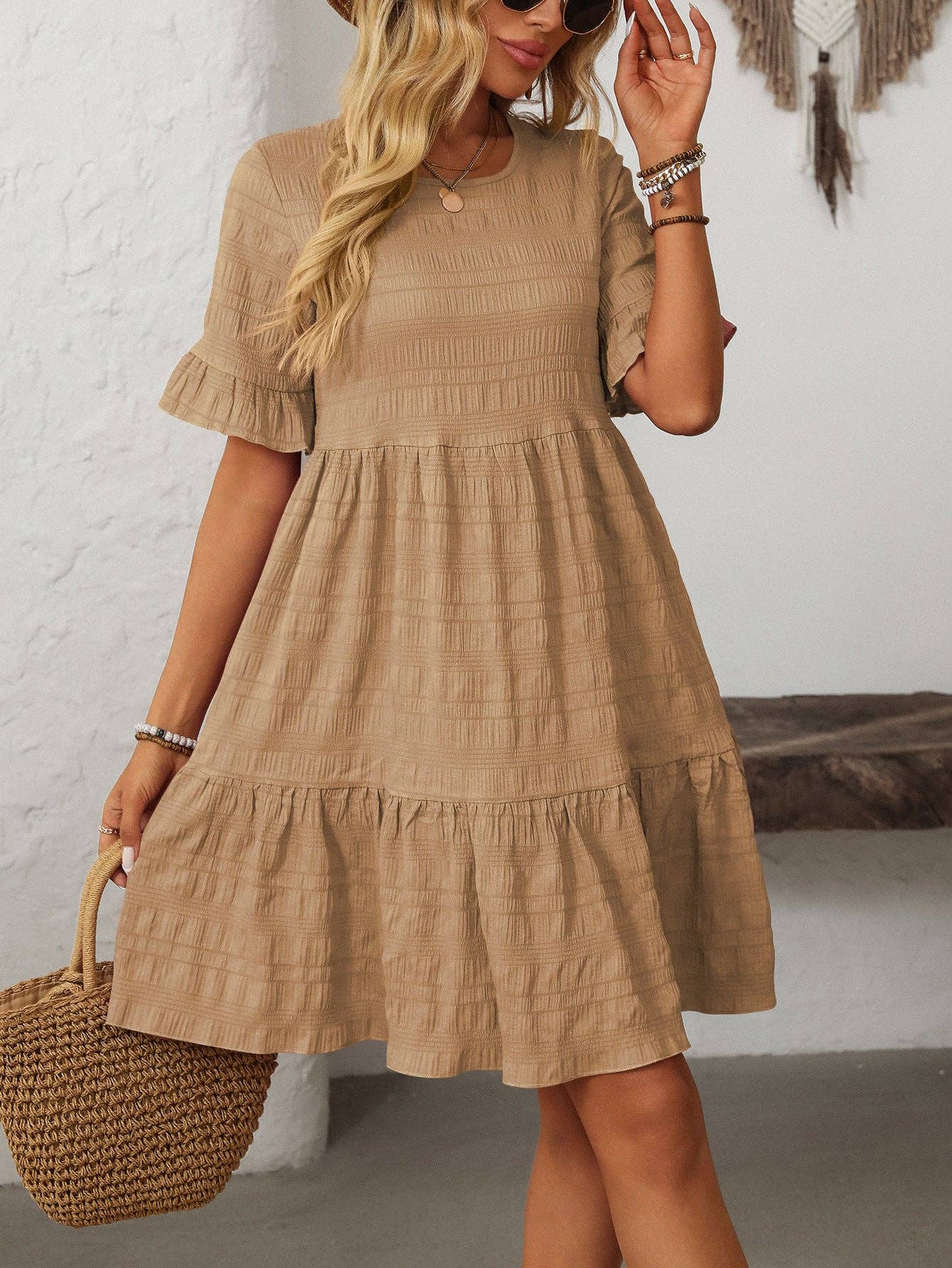 Women Ruffle Sleeve A Line Tiered Flowy Casual Trendy Mini Dress: Bean paste powder / 100% Polyester / S