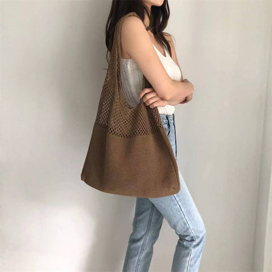 Solid Color Knitted Bag: Brown