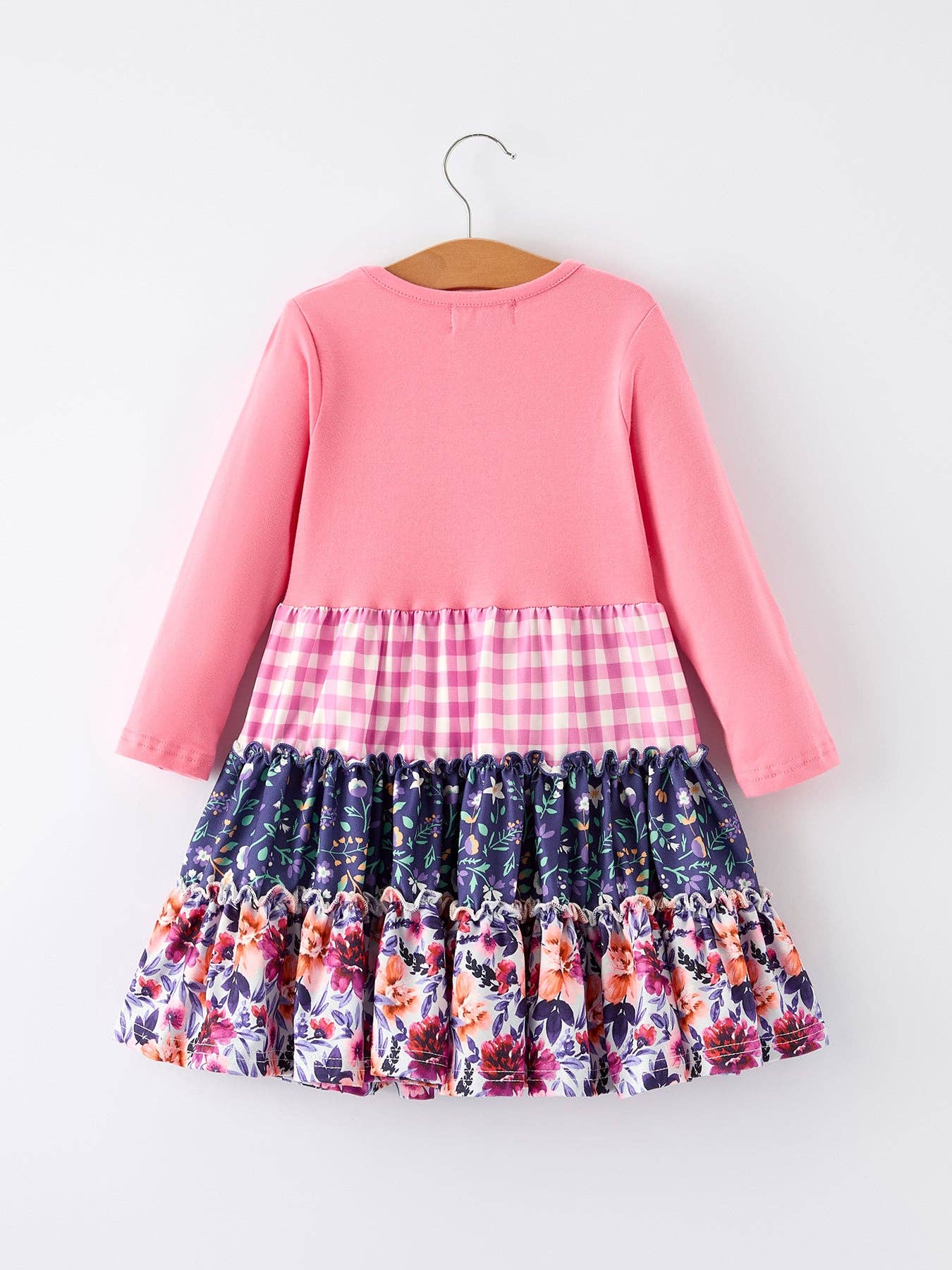 Pink Autumn Patchwork Floral & Plaid Long Sleeve Girls Dress: 5
