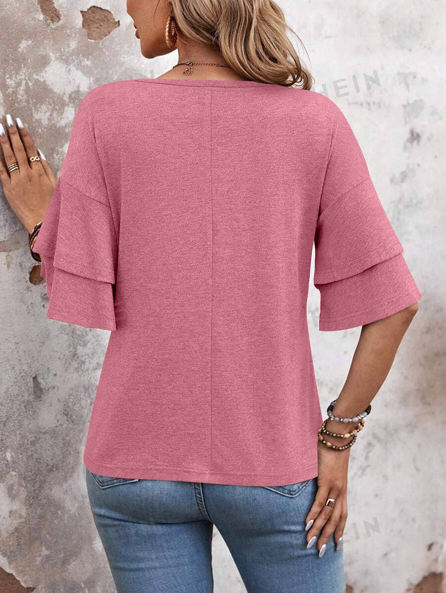 Summer V-Neck Ruffle Sleeve Loose Short-Sleeved T-Shirt: Camel / XL