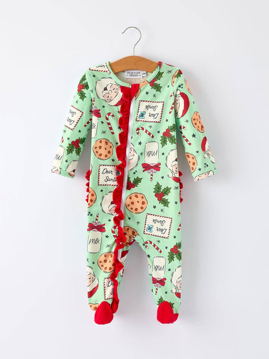 Christmas Santa Cookie Print Baby Girls Romper with Red Bow Detail: 18M