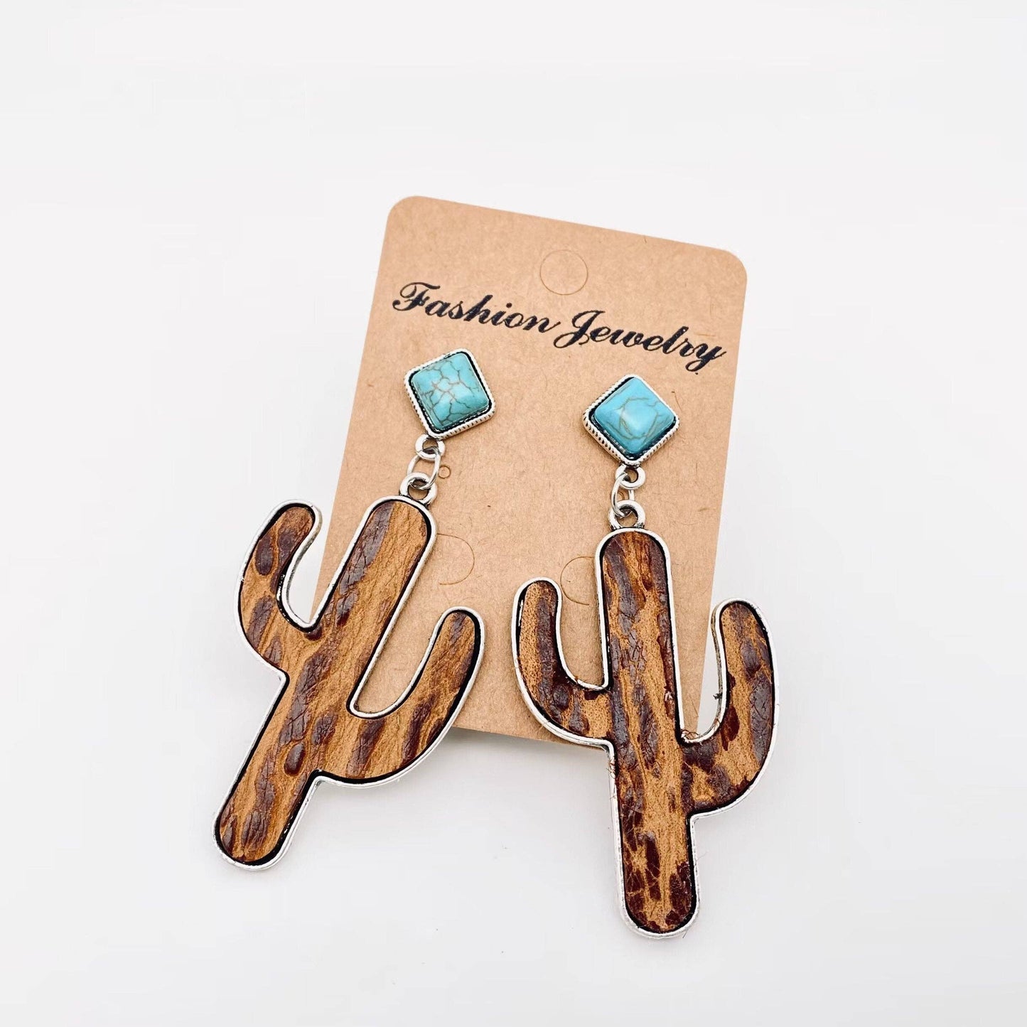 Cactus Embossed Cowhide Turquoise Western Style Earrings -WJ: 1