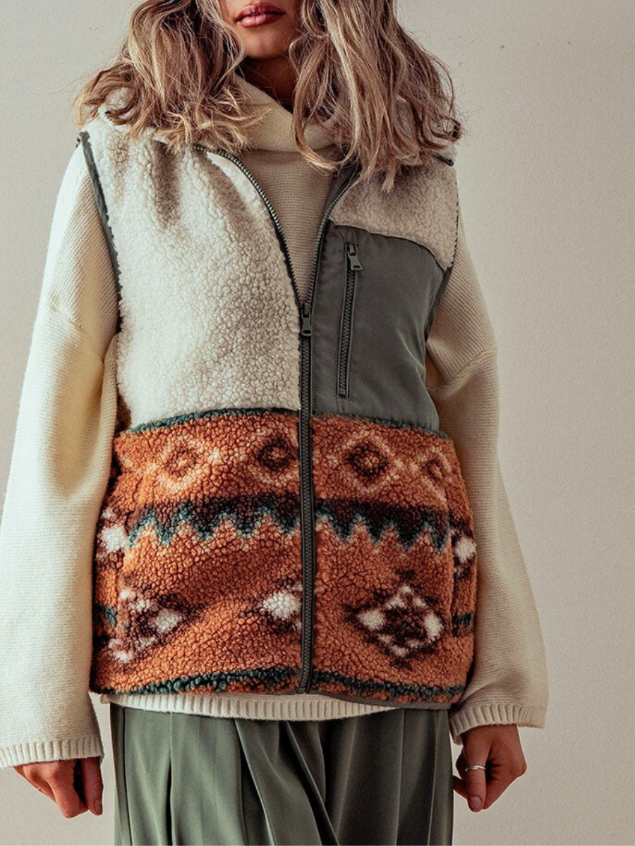 Aztec pattern Western Sherpa Fleece Zip up Vest: Olive / XL