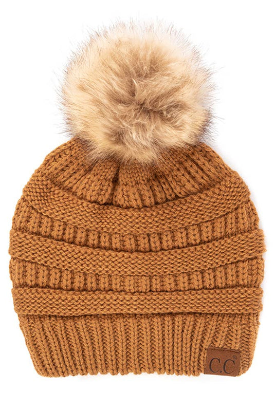 C.C Solid Ribbed Knit Beanie With Pom: Golden Walnut