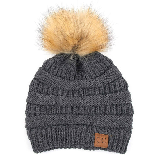 C.C Solid Ribbed Knit Beanie With Pom: Dark Melange Gray