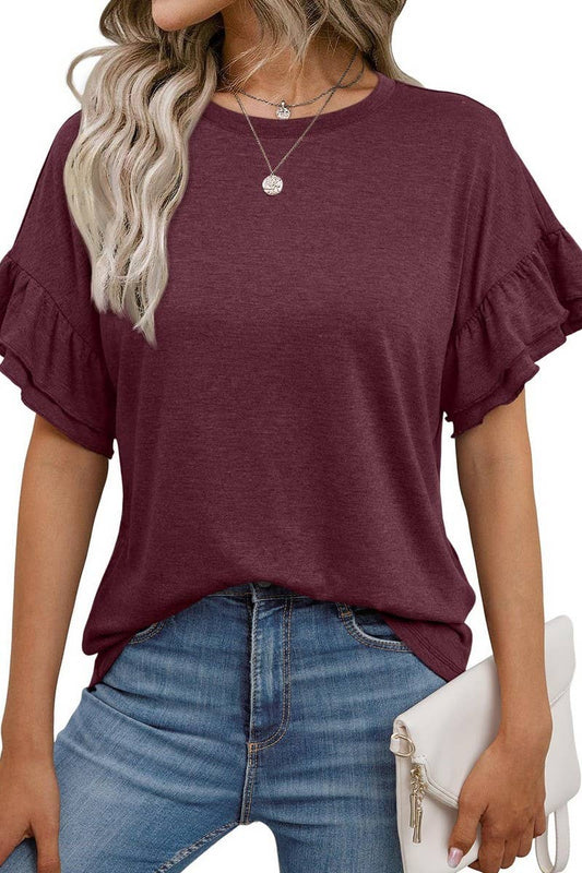 CWTBLS1620_SOLID COLOR ROUND NECK RUFFLE SLEEVE TOP: RED / (XXL) 1