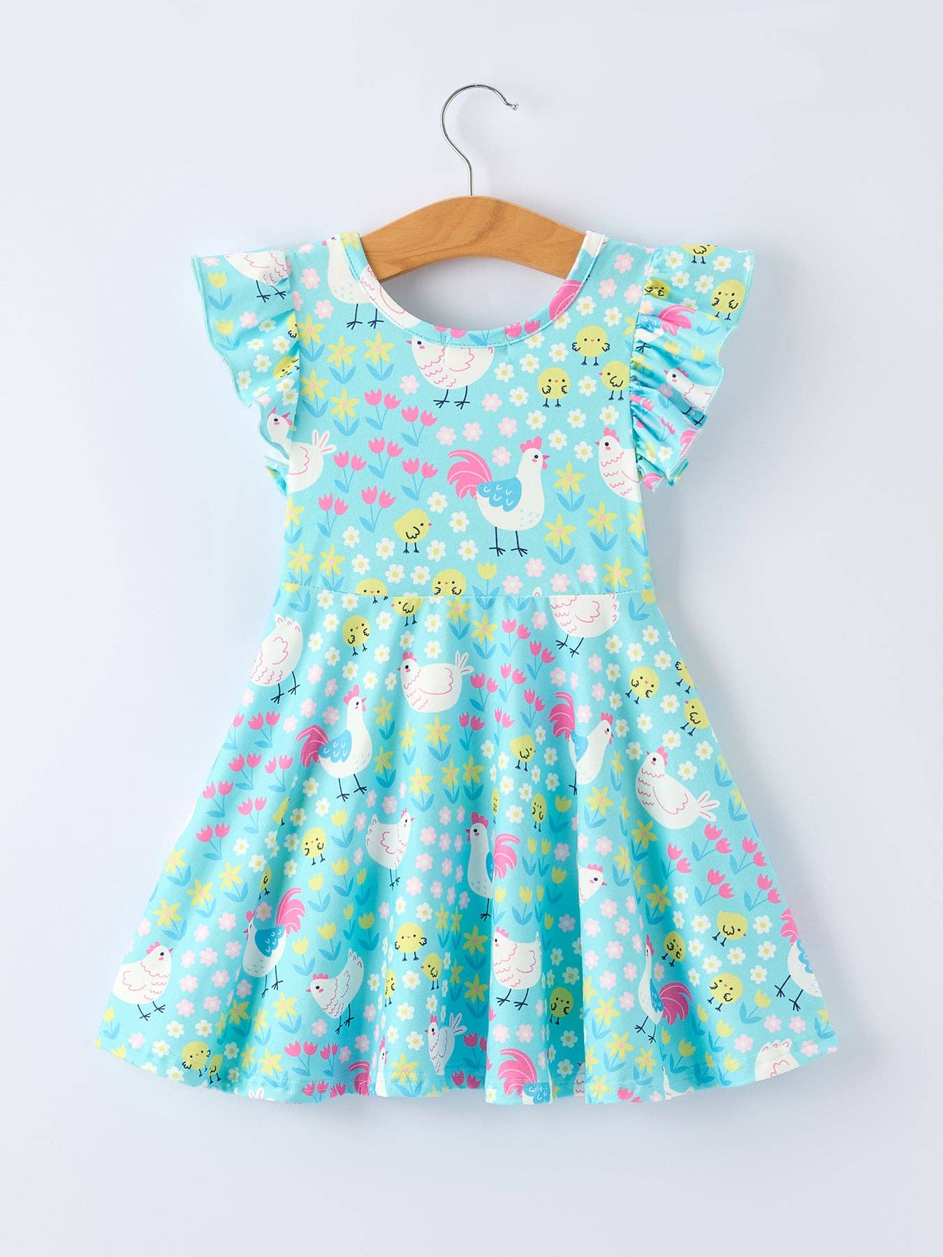 Aqua Spring Chicken Floral Farm Print Girls Dress: 7