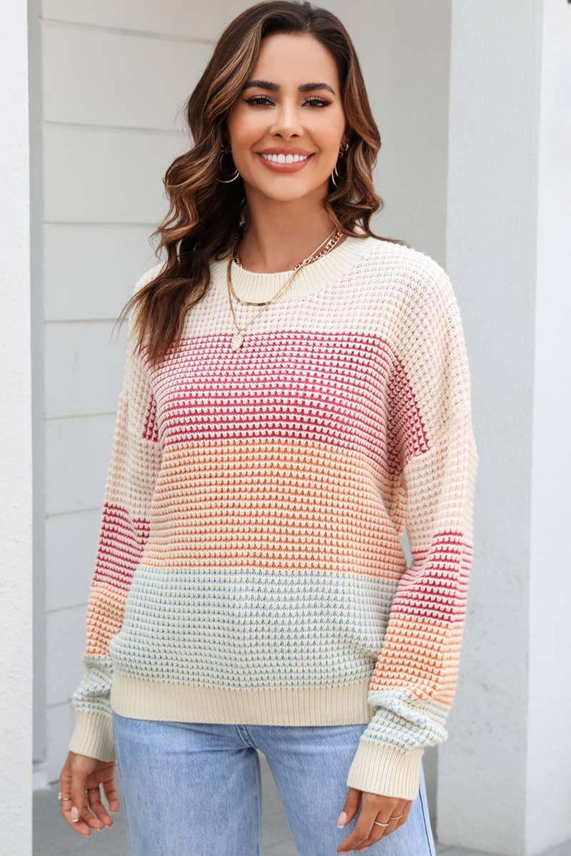 WOMEN WAFFLE KNITTED COLOR BLOCK OVERSIZED SWEATER_CWOSWL030: APRICOT / (S) 1