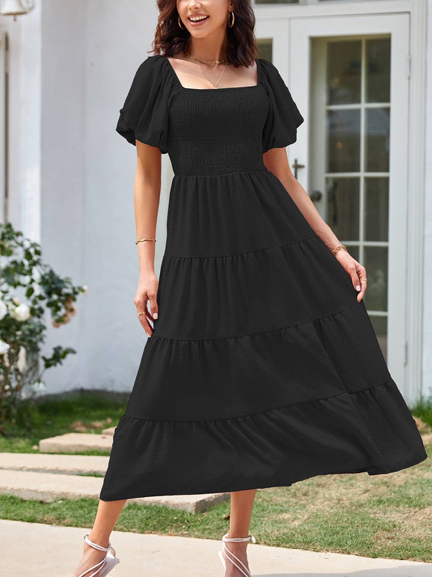 Square Necked Backless Short Sleeved Dress: Pink / S
