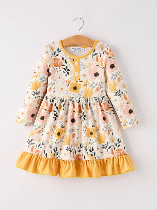 Winter Floral Long Sleeve Ruffled Girls Dress: 5