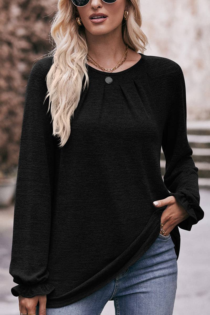 WOMEN OVERSIZED LOOSE FIT SHIRRED PULLOVER TOP_CWTTL0940: KHAKI / (M) 1