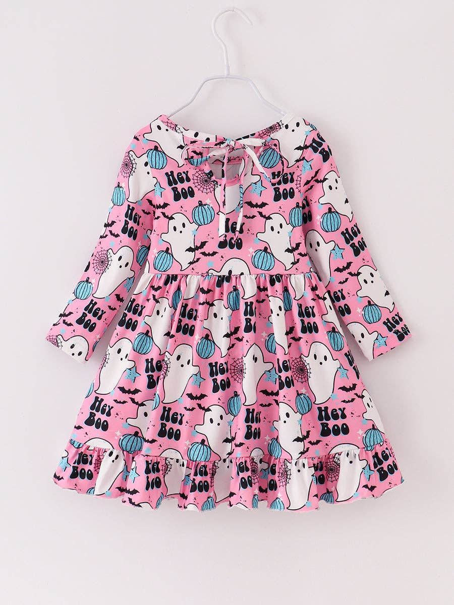 Halloween Pink Hey Boo Ghose Print Girl Twirl Dress: 3Y