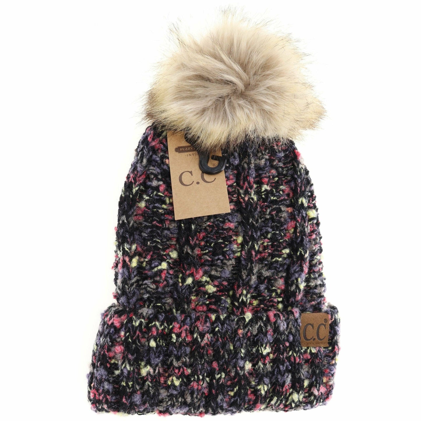 Fuzzy Lined Popcorn Confetti Fur Pom CC Beanie YJ824: Beige Multi