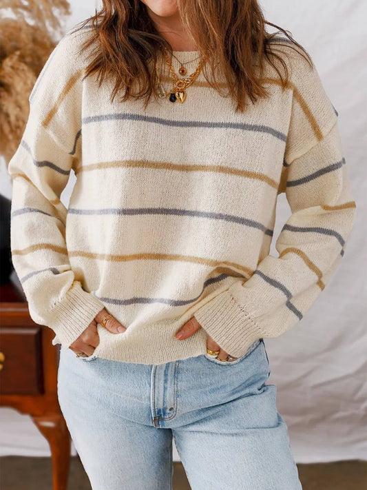 Colorful Striped Pullover Long Sleeved Sweater: Beige / XL