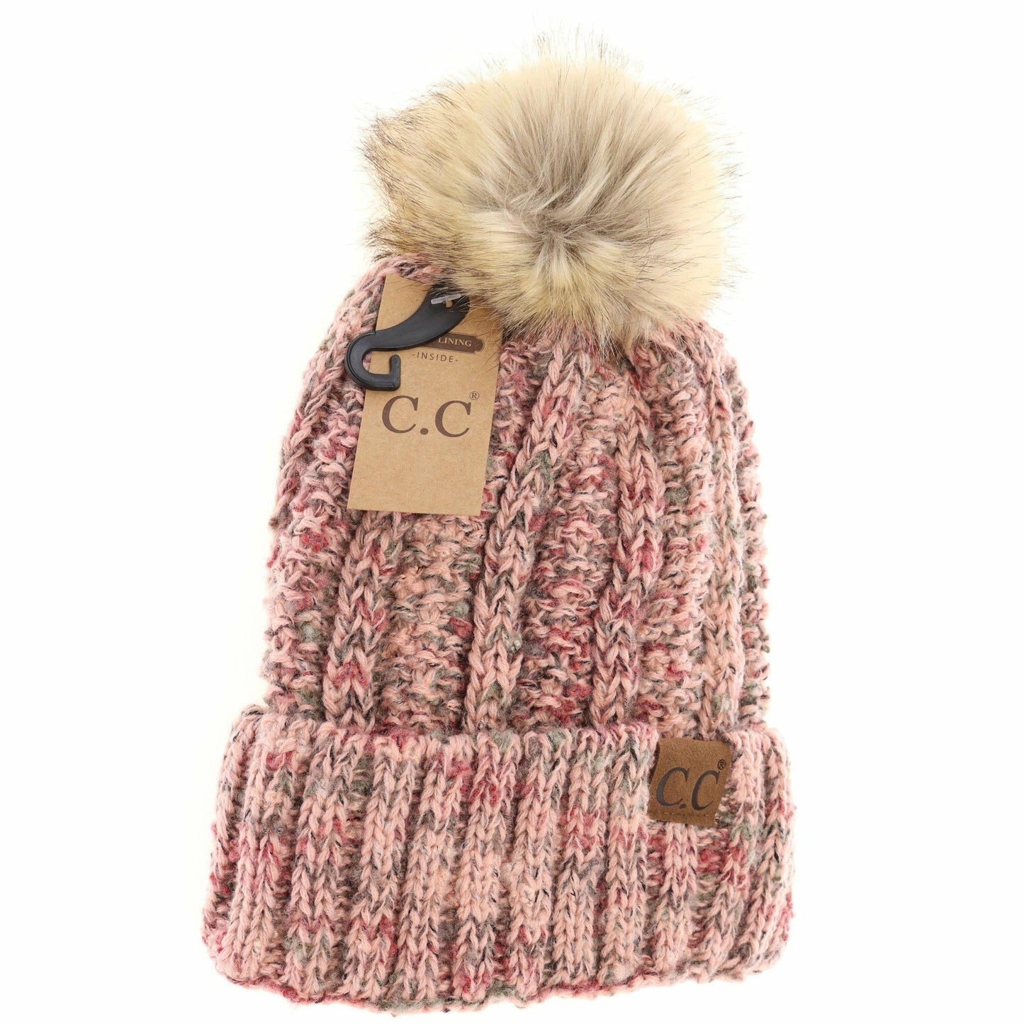 Fuzzy Lined Popcorn Confetti Fur Pom CC Beanie YJ824: Beige Multi