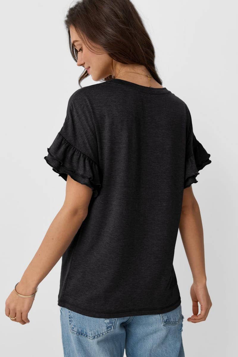 CWTBLS1620_SOLID COLOR ROUND NECK RUFFLE SLEEVE TOP: PEAGREEN / (M) 1