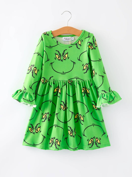 Christmas Green Cartoon Characters Print Girls Dress: 8/9