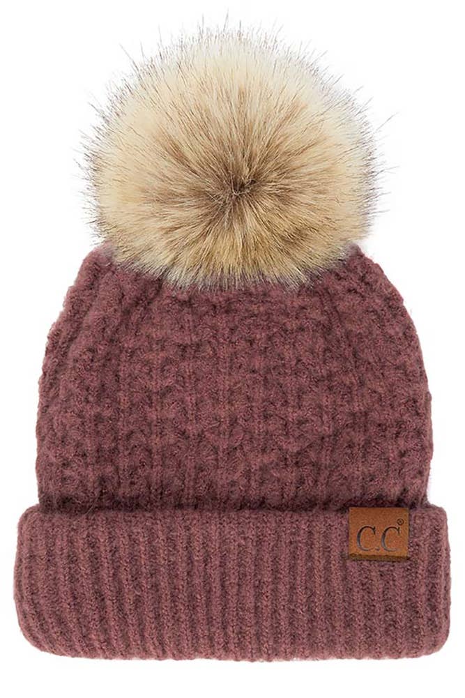 C.C Smocking Stitch Pattern Cuff Beanie with Pom Winter Hat: Beige