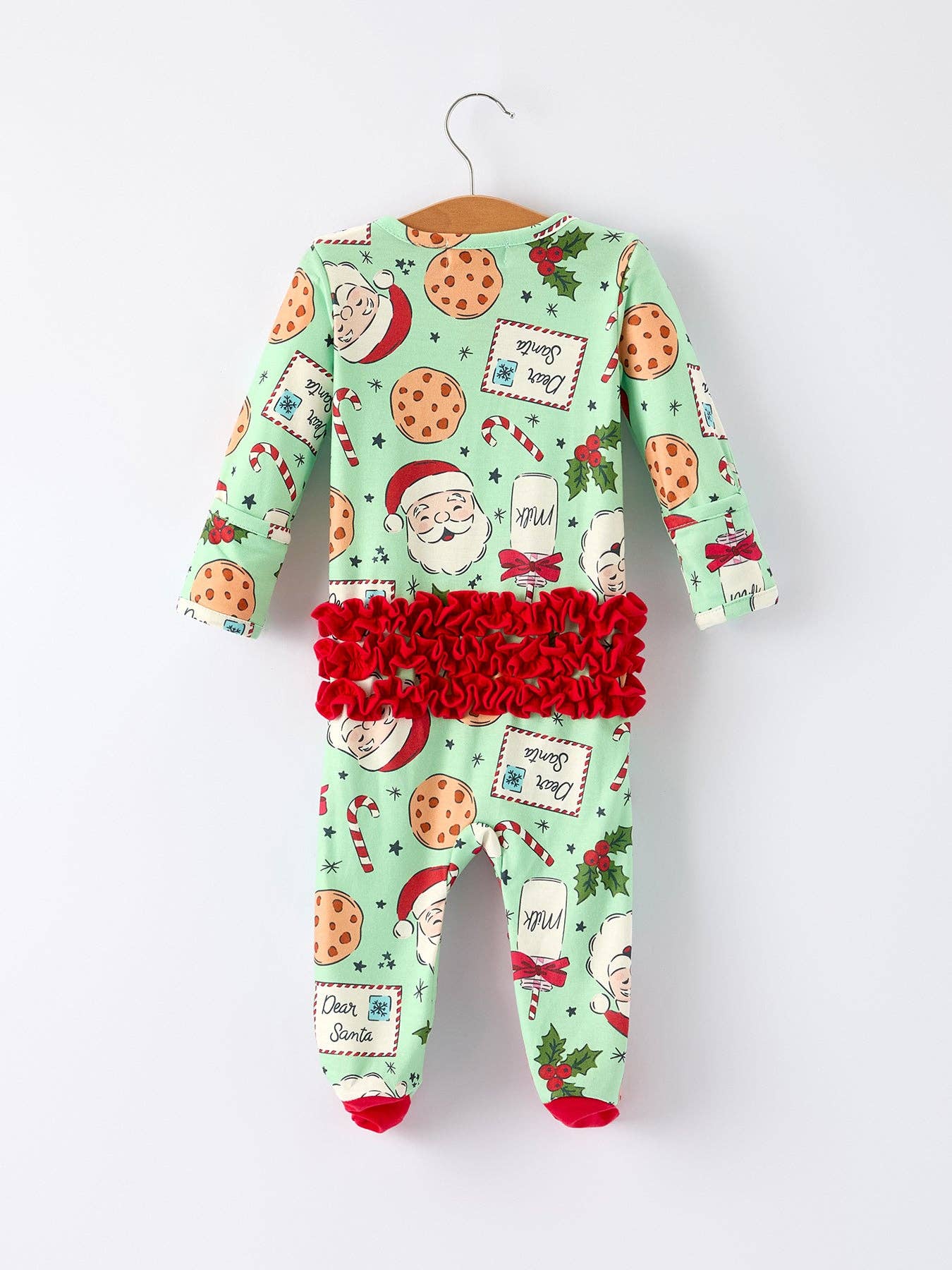 Christmas Santa Cookie Print Baby Girls Romper with Red Bow Detail: 18M