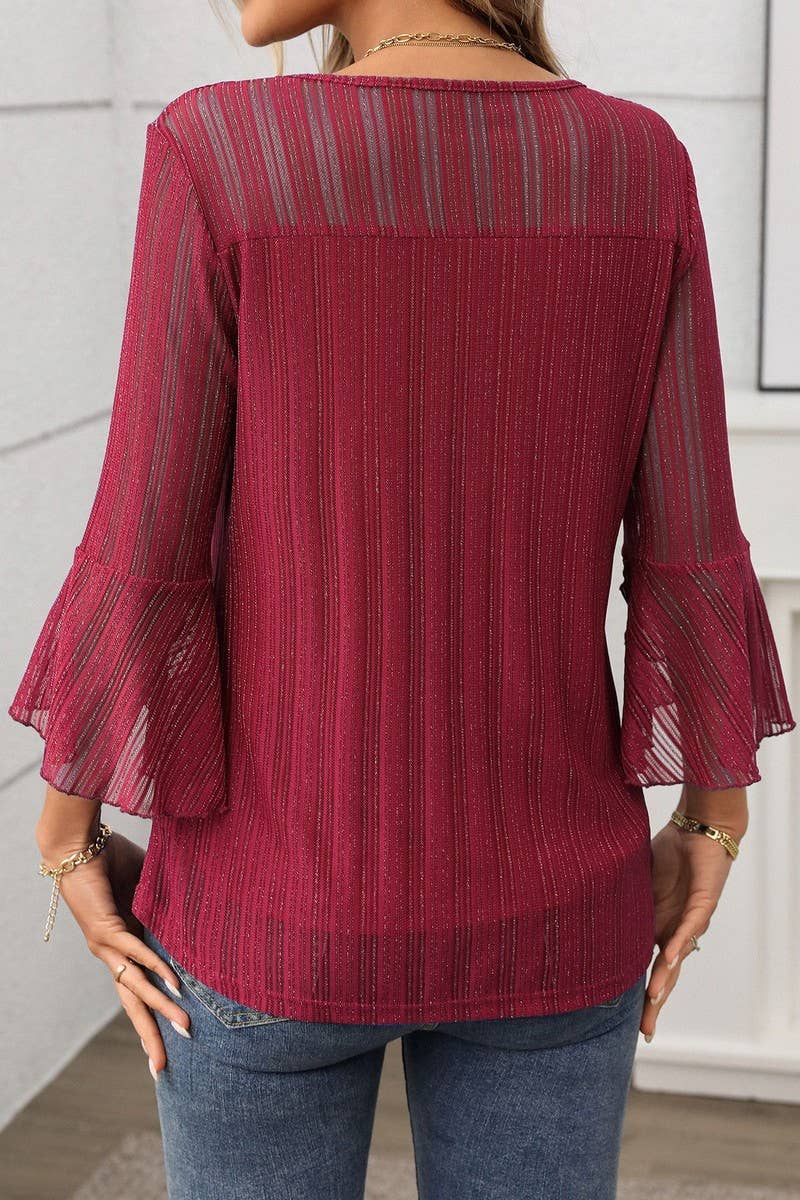 CWTBLL3696_ROUND NECK RUFFLE SLEEVE GLITTER MESH TOP: NAVY / (XL) 1