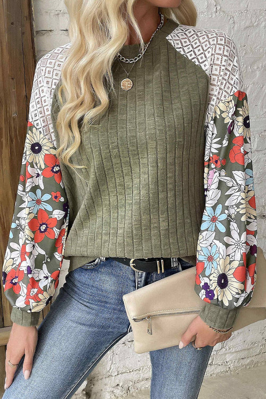 Laurel Green Floral Patchwork Long Sleeve Ribbed Blouse: Laurel Green / 97%Polyester+3%Elastane / L
