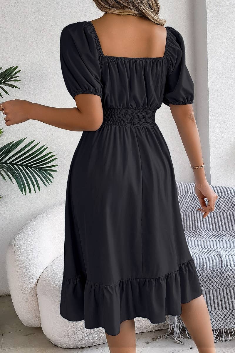 CWDSD4632_SQUARE NECK SHORT SLEEVE WAIST PEPLUM DRESS: KHAKI / (S) 1