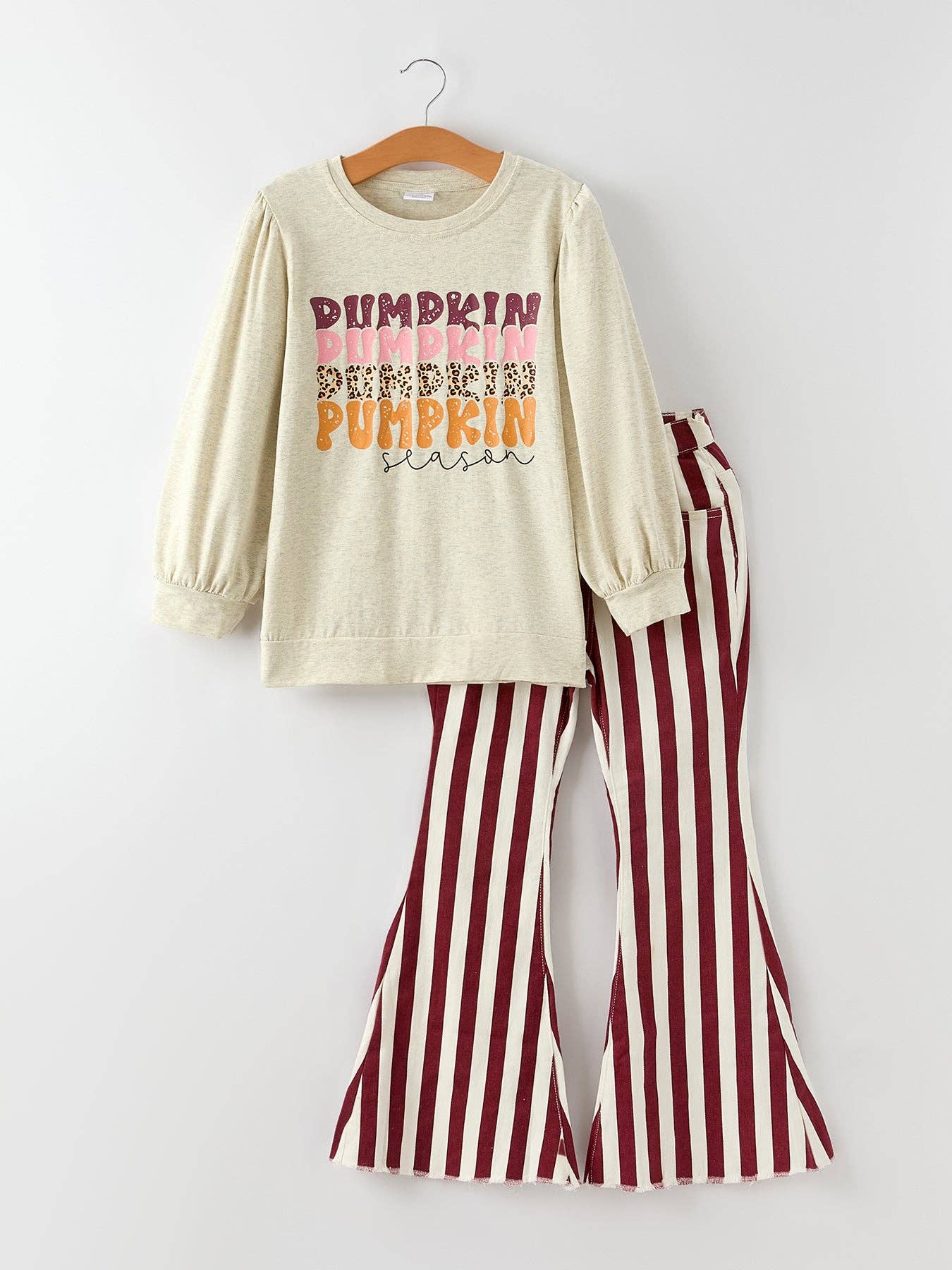 Fall Thanksgiving Pumpkin Print Top + Striped Denim Flared Pants Girls Set: 4