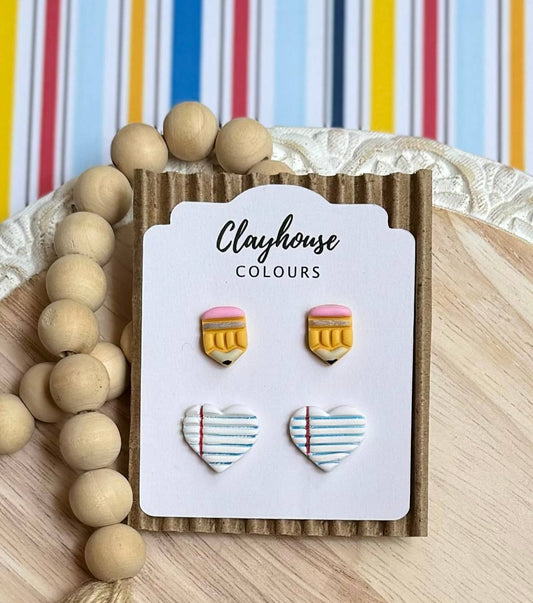 School Studs |  Teacher Earrings: Pencils/Notebook Hearts