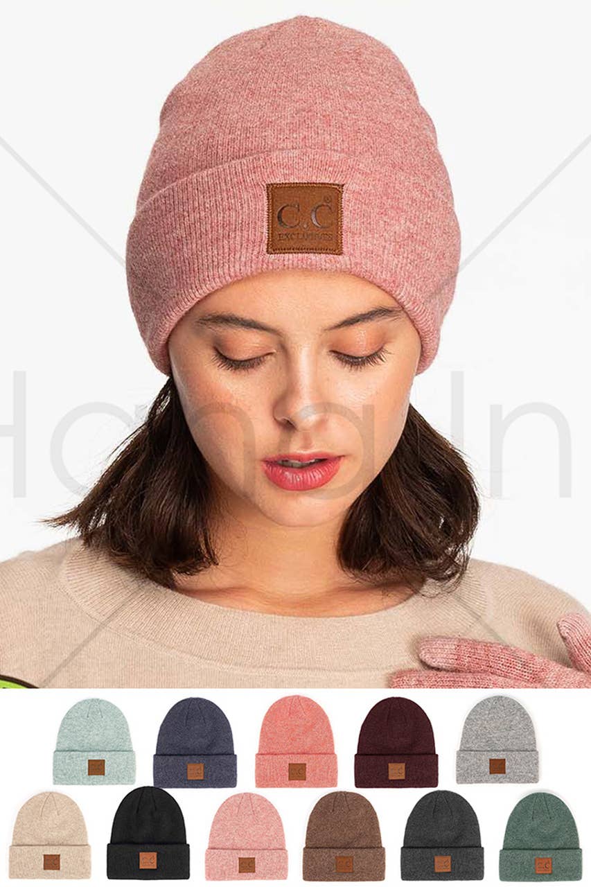 C.C Heather Knit Suede Patch Beanie Winter Hat: Moss