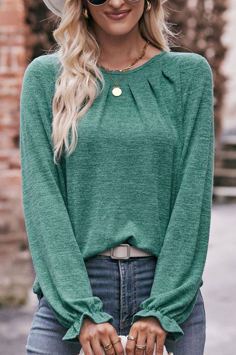 WOMEN OVERSIZED LOOSE FIT SHIRRED PULLOVER TOP_CWTTL0940: KHAKI / (L) 1