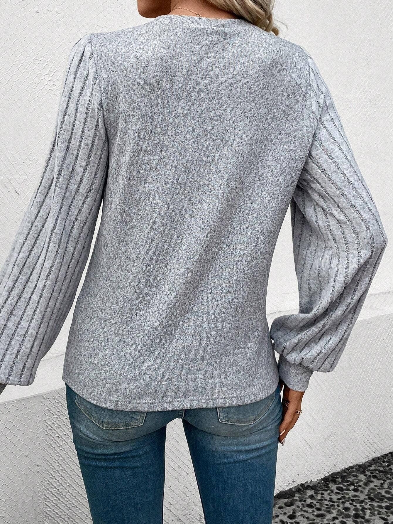 CREW-NECK LONG SLEEVE T-SHIRT CASUAL TOP: GREY / (M) 1