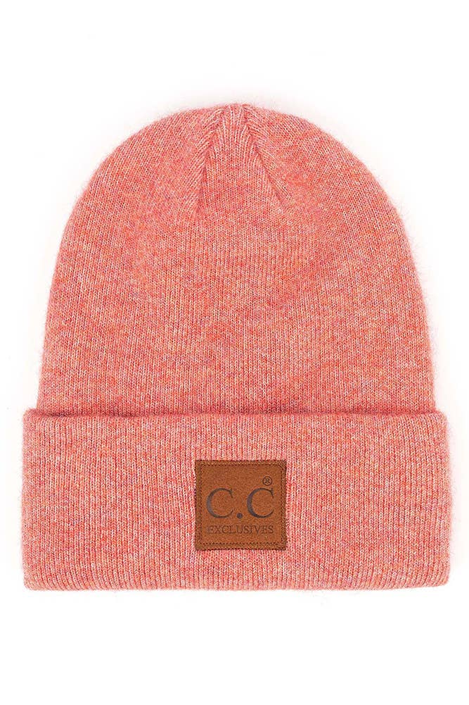 C.C Heather Knit Suede Patch Beanie Winter Hat: Moss