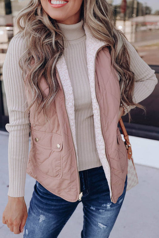 Pink Fleece Lined Quilted Vest Coats: Pink / 100%Polyester / S