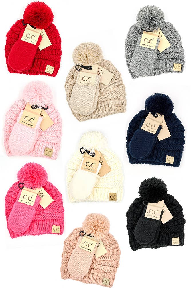 C.C Baby Solid Ribbed Pom Beanie and Mitten Glove: Light Melange Gray