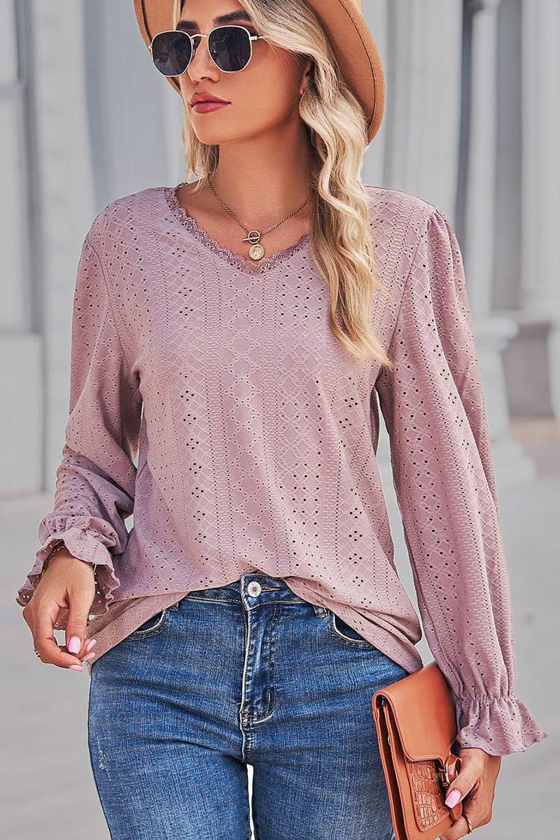 WOMEN LACE TRIM NECK EYELET LONG SLEEVE SHIRT TOP_CWTSTL0301: MAUVE / (XL) 1