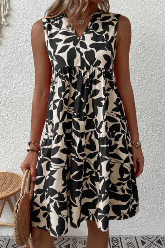 Sleeveless V Neck Flower Print Splicing Dress ZZKF764: Black / M