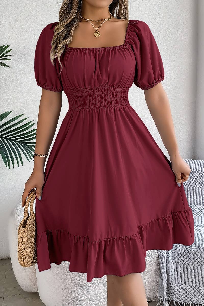 CWDSD4632_SQUARE NECK SHORT SLEEVE WAIST PEPLUM DRESS: KHAKI / (M) 1