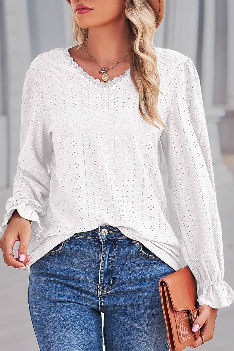 WOMEN LACE TRIM NECK EYELET LONG SLEEVE SHIRT TOP_CWTSTL0301: MAUVE / (XL) 1