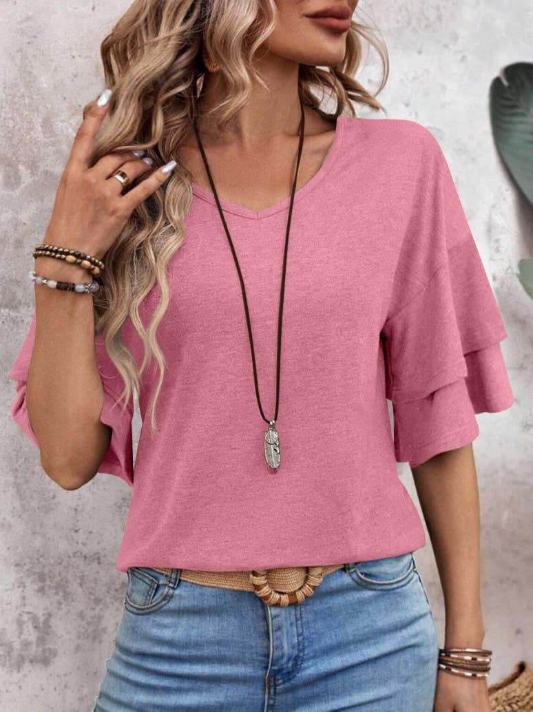 Summer V-Neck Ruffle Sleeve Loose Short-Sleeved T-Shirt: Camel / M
