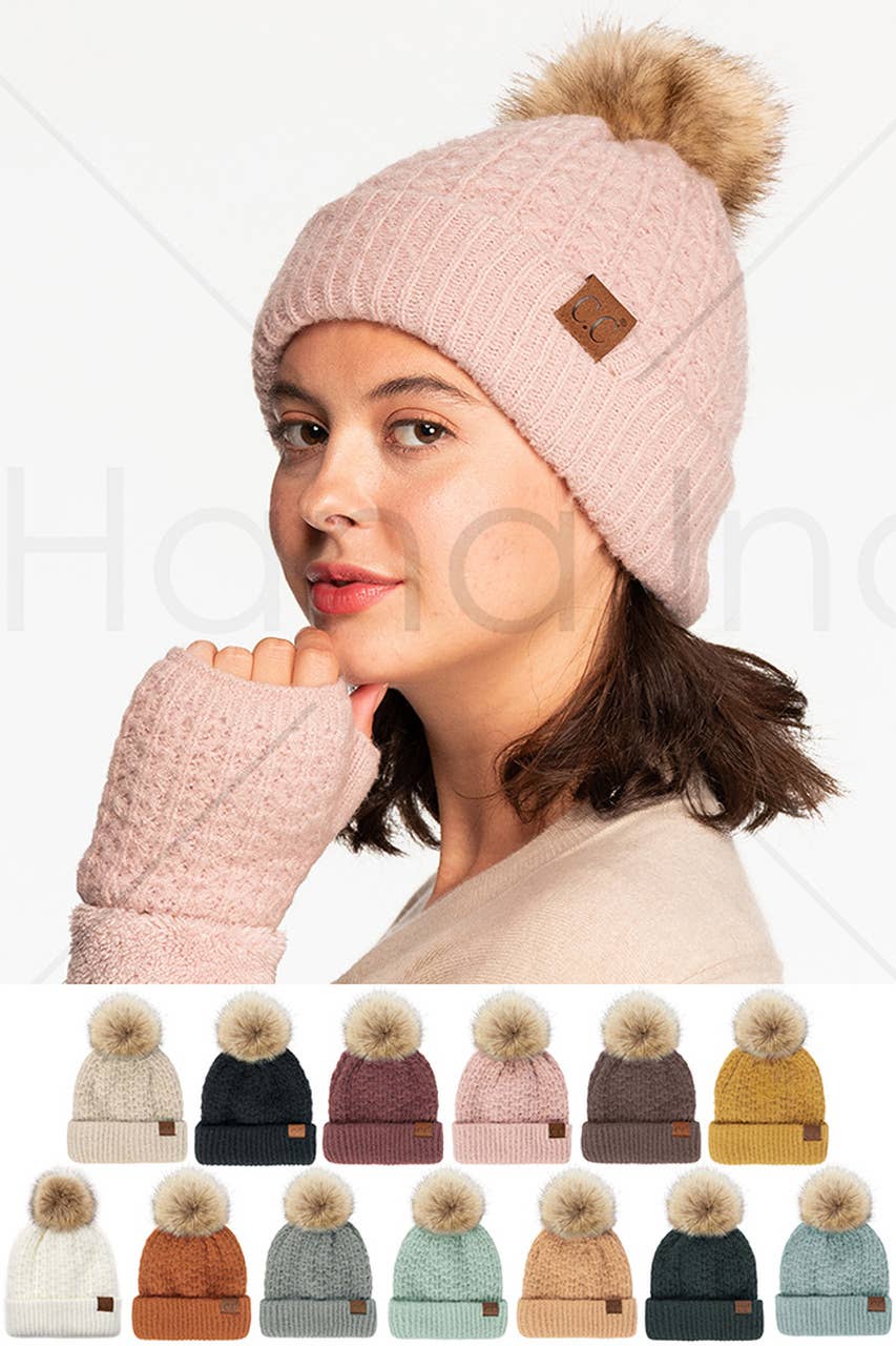 C.C Smocking Stitch Pattern Cuff Beanie with Pom Winter Hat: Beige