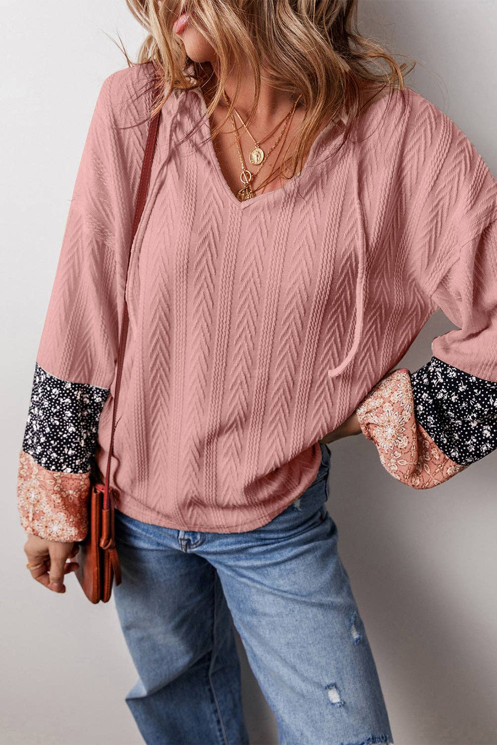 Floral Patchwork Textured Knit Drawstring V Neck Blouse: Dusty Pink / 97%Polyester+3%Elastane / S