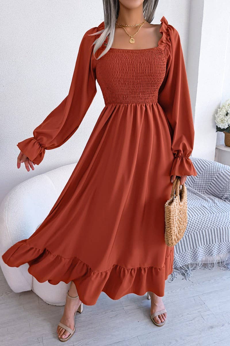 SQUARE NECK LARGE SWING FLOUNCES LONG DRESS_CWDMD1165: RED / (XL) 1