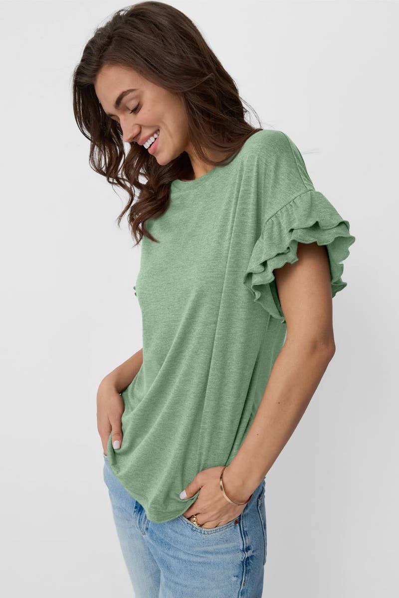 CWTBLS1620_SOLID COLOR ROUND NECK RUFFLE SLEEVE TOP: PEAGREEN / (M) 1