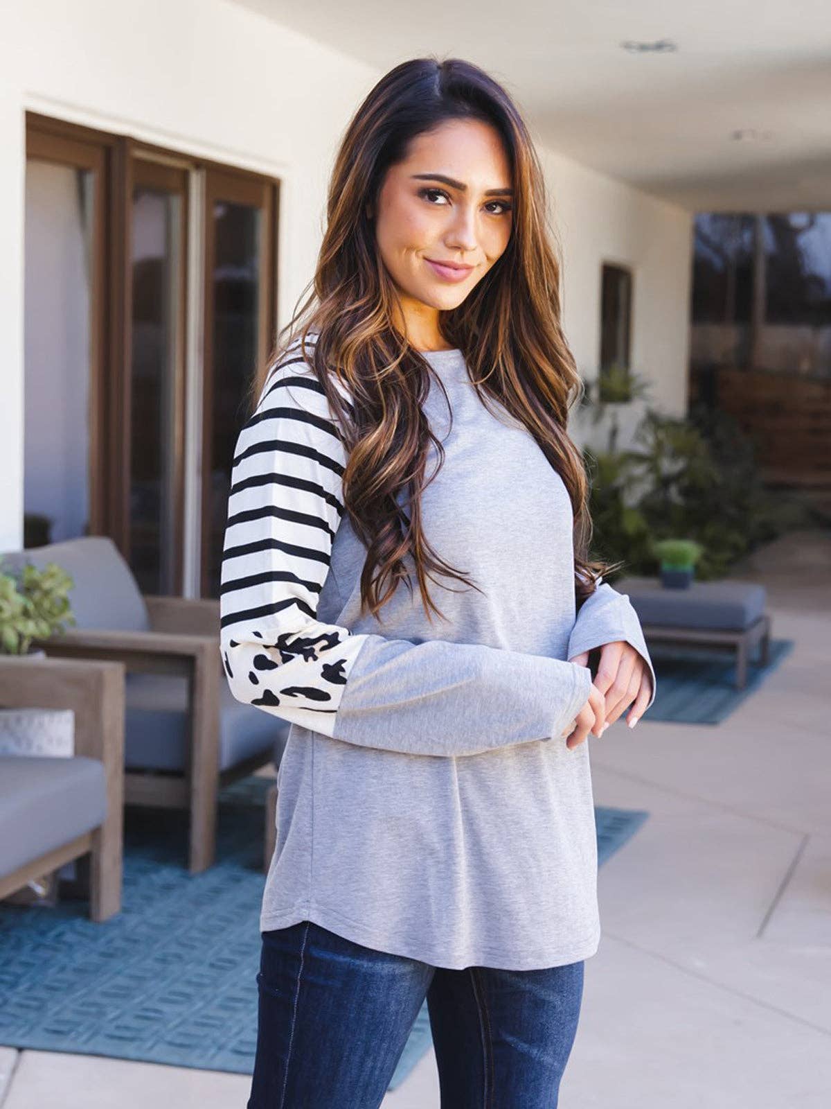 Stripe Animal Print Nancy Top: Orange / Medium