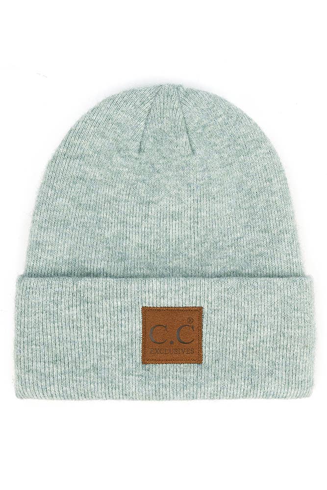 C.C Heather Knit Suede Patch Beanie Winter Hat: Moss