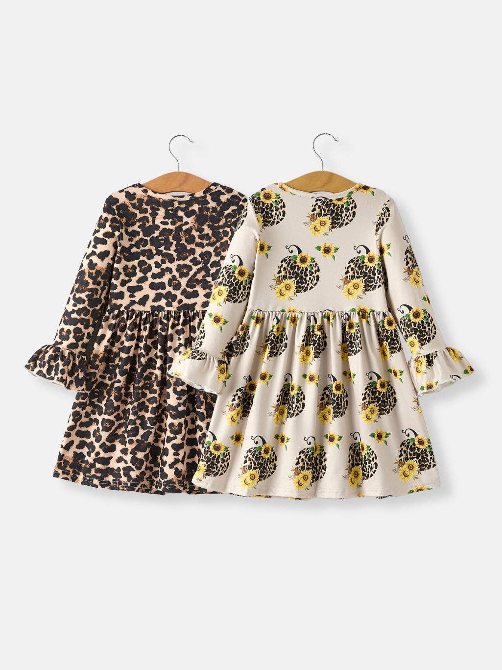 Pumpkin Leopard Print Autumn Girls Ruffle Two-Piece Dress: 1/2Y