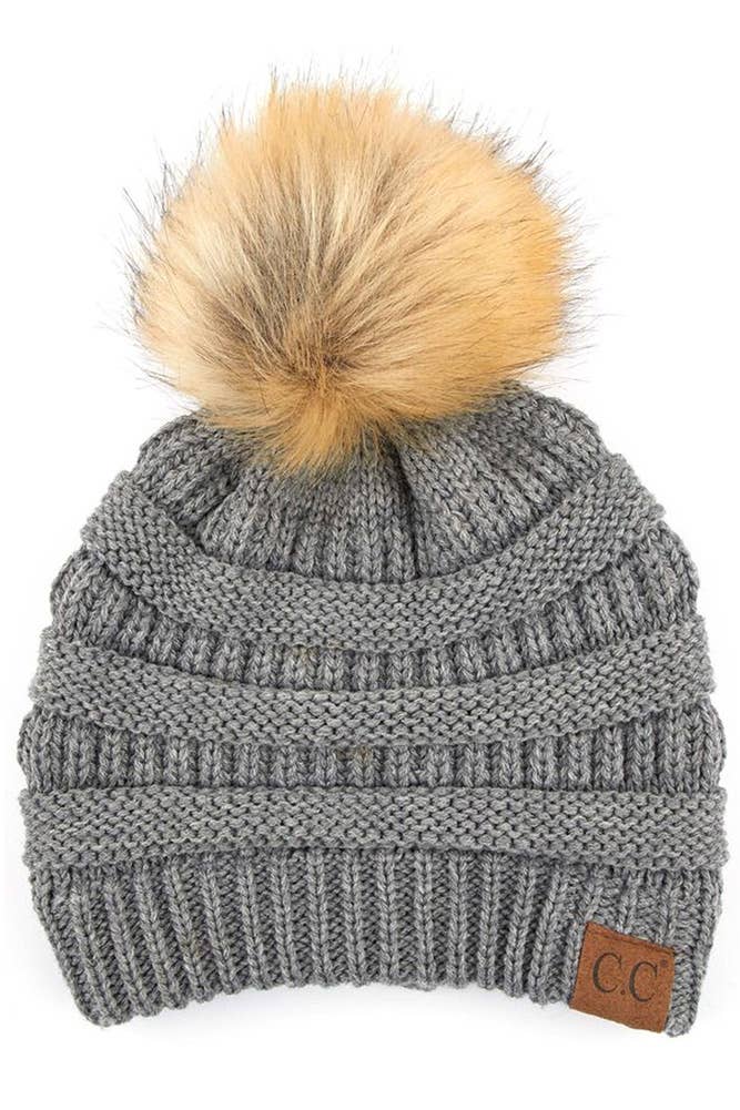 C.C Solid Ribbed Knit Beanie With Pom: Monaco