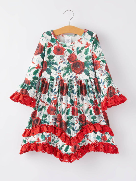 Girls Christmas Floral Print Long Sleeve Dress: 7